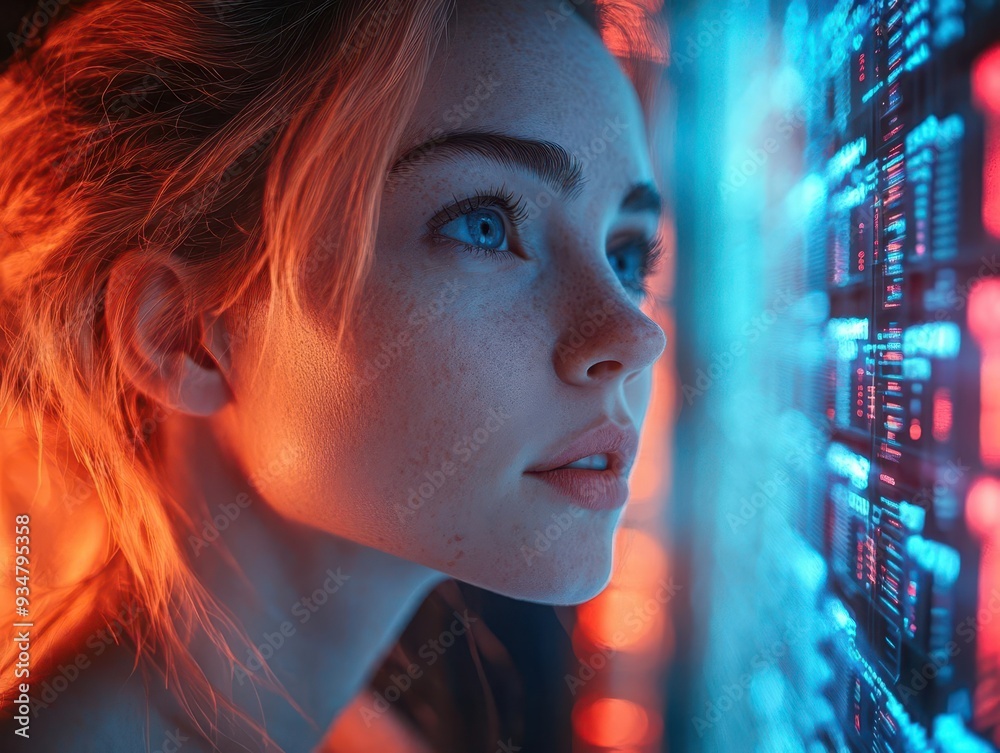futuristic female it specialist in sleek data center interacting with holographic displays vibrant blue light advanced tech aesthetic futuristic female it specialist in sleek data center interacting with holographic displays vibrant blue light advanced tech aesthetic