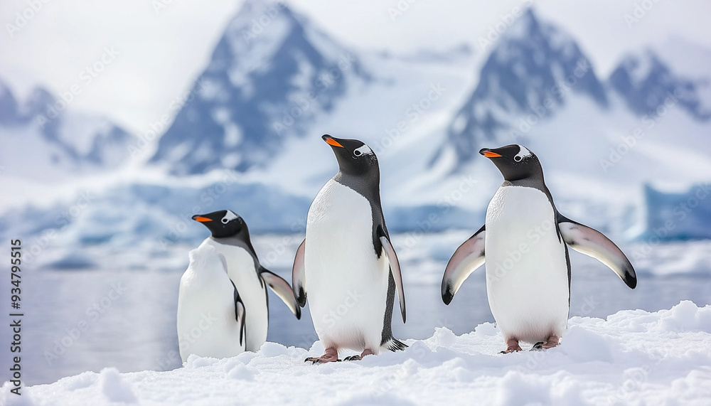 Fototapeta premium Three penguins on a snowy, icy landscape