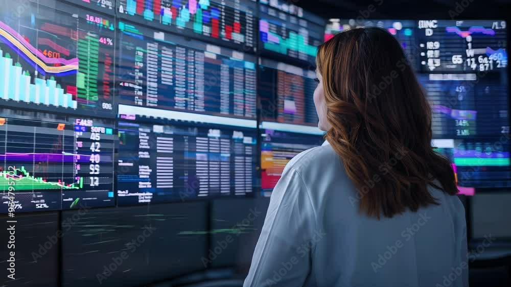 A professional examining financial data on multiple screens, showcasing charts and graphs for stock market analysis.