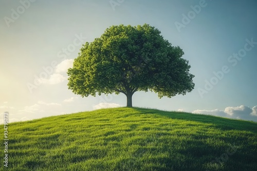 Serene lone tree on a lush green hilltop under a clear blue sky, encapsulating tranquility and natural beauty in this peaceful landscape.