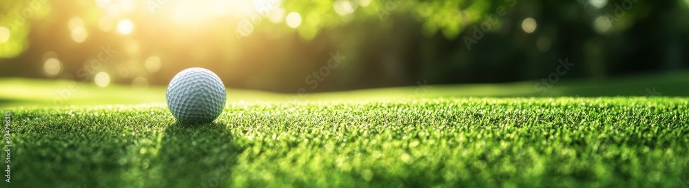 Fototapeta premium Golf Ball on Green Grass with Sun Glare