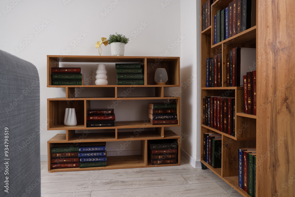 Bookshelves with many books in living room Bookshelves with many books in living room