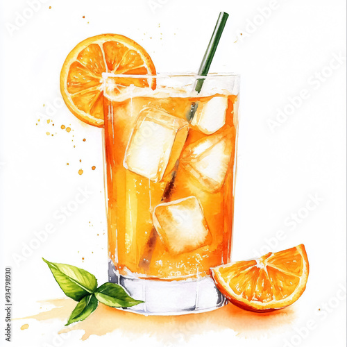 Orange cocktail drink With sliced ​​orange. Watercolor clipart on a white background.[A-0002]