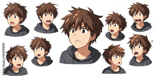 character sheet of man in multiple expressions. set of cartoon anime boy male avatar emoji.