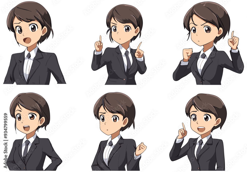 character sheet of business woman in multiple expressions. set of cartoon anime avatar emoji. character sheet of business woman in multiple expressions. set of cartoon anime avatar emoji.