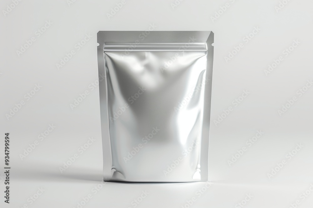 A Single Silver Foil Stand-Up Pouch On A White Background A Single Silver Foil Stand-Up Pouch On A White Background