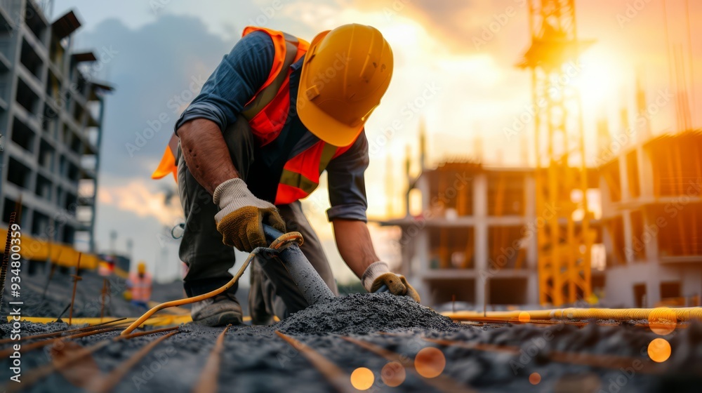 Construction worker laying concrete foundation with a mixer and pouring tools, surrounded by scaffolding and partially constructed building elements in the background Construction worker laying concrete foundation with a mixer and pouring tools, surrounded by scaffolding and partially constructed building elements in the background