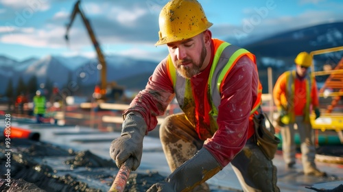 Construction worker pouring and smoothing cement for a building foundation, with a view of the construction site photo