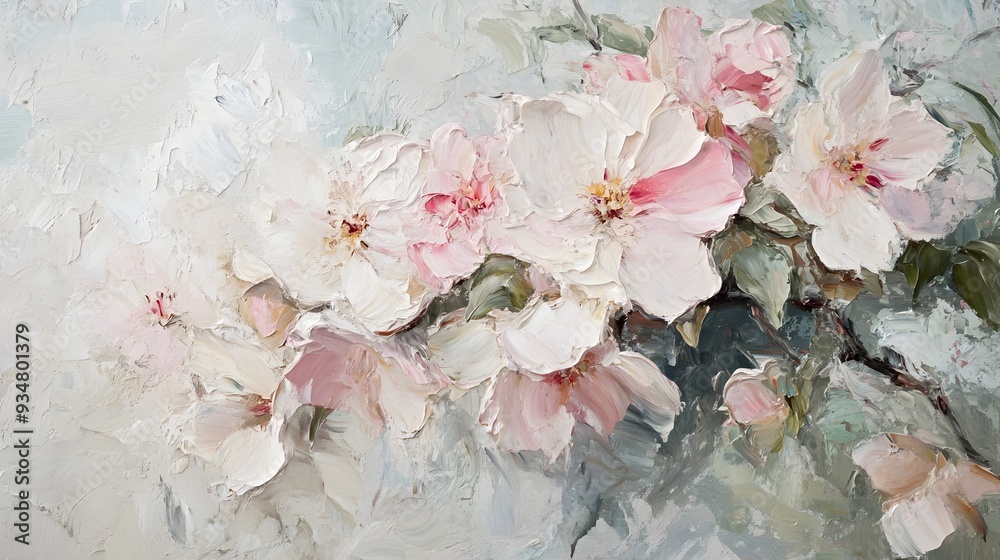 Springtime Blossoms in Soft Pastel Hues Poetic Floral Landscape in Romantic Oil Painting Style