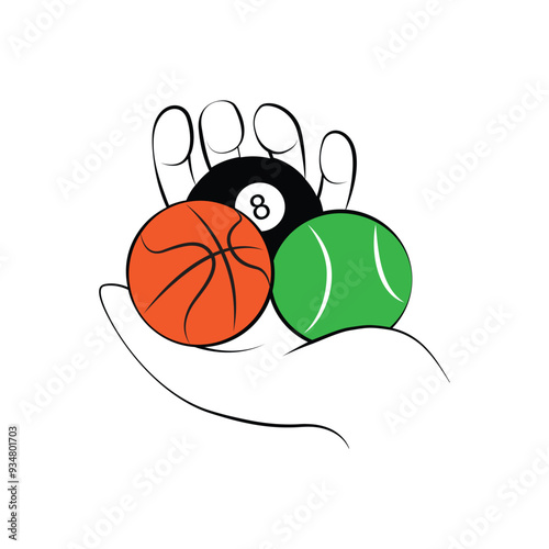 Cartoon human hand with Basketball, tennis ball and snooker ball in it. Vector illustration for tshirt, website, clip art, poster and print on demand merchandise.