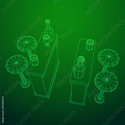 Bar counter with stools, bar top with bottles and glasses. Wireframe low poly mesh vector illustration.
