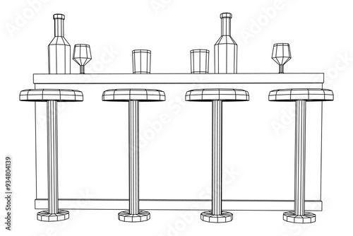 Bar counter with stools, bar top with bottles and glasses. Wireframe low poly mesh vector illustration.