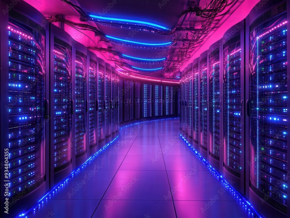 hightech data center with rows of servers blue led lights cables futuristic ambiance hightech data center with rows of servers blue led lights cables futuristic ambiance