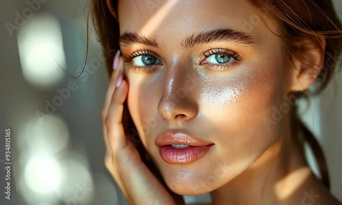 Sun-Kissed Beauty: A portrait of a young woman with captivating blue eyes, bathed in warm sunlight, radiating natural beauty and a healthy glow. 