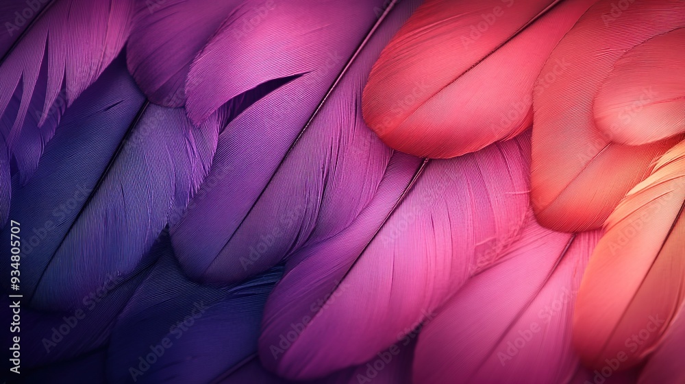 Multicolored feathers beautiful background. Close-up feathers. Feather texture in bright multicolored colors of purple and pink