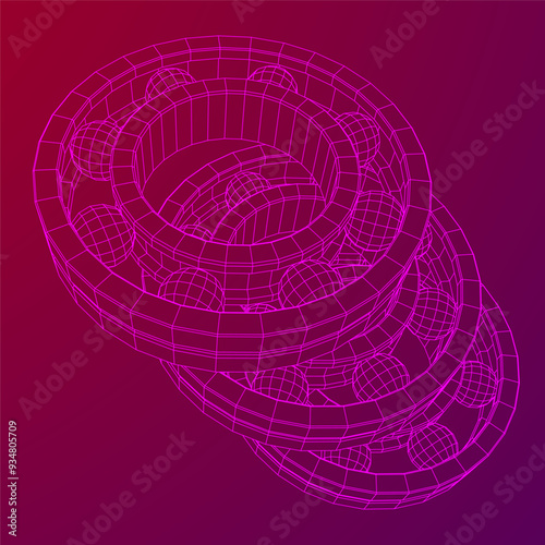 Roller bearing. Circular round rotating bearings used in industry for heavy equipment mechanical work and engineering. Wireframe low poly mesh vector illustration.