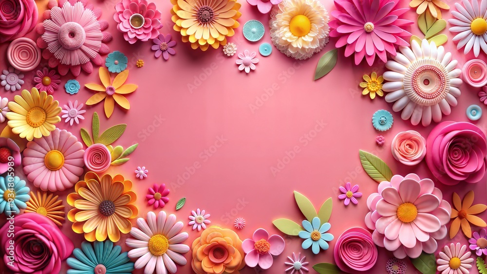 Background of pink paper with colorful flowers and empty space for text or greeting card design Background of pink paper with colorful flowers and empty space for text or greeting card design