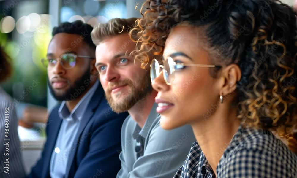 Focused on the Future: A diverse group of business professionals, all wearing glasses, gaze intently forward in a captivating portrait that evokes a sense of ambition and anticipation. Focused on the Future: A diverse group of business professionals, all wearing glasses, gaze intently forward in a captivating portrait that evokes a sense of ambition and anticipation.