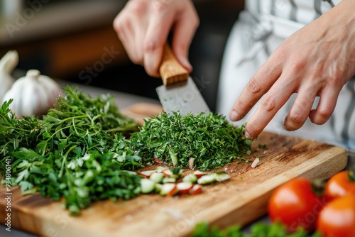 Close-up image of a person chopping fresh herbs on a cutting board, symbolizing healthy cooking and nutrition. The high-resolution image is isolated on a white background with ample copy space,