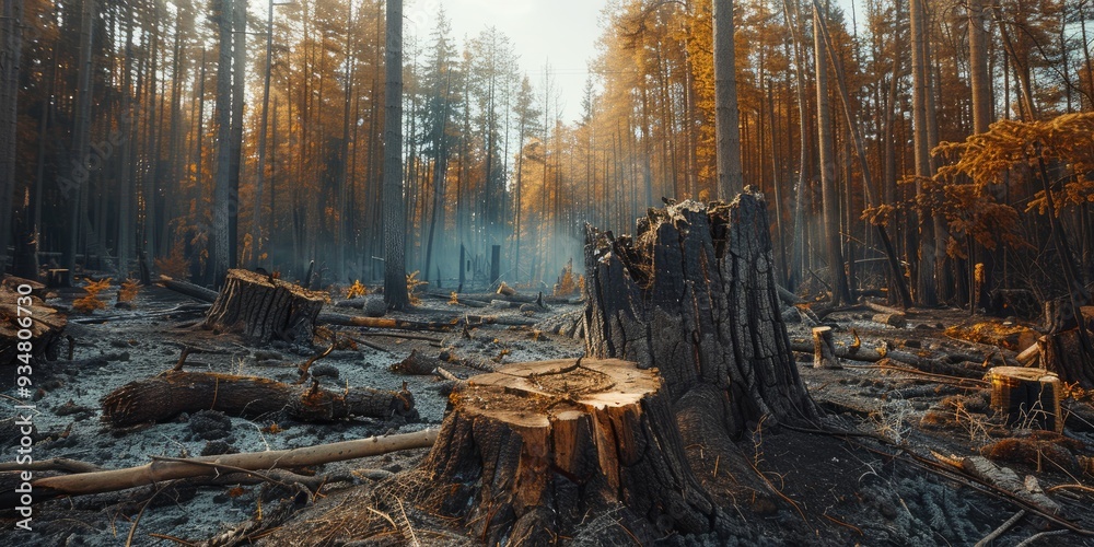 Boreal forest ravaged by fire Charred remains in a mixed forest with prevalent pine trees Burnt tree trunks stumps and branches Boreal forest ravaged by fire Charred remains in a mixed forest with prevalent pine trees Burnt tree trunks stumps and branches