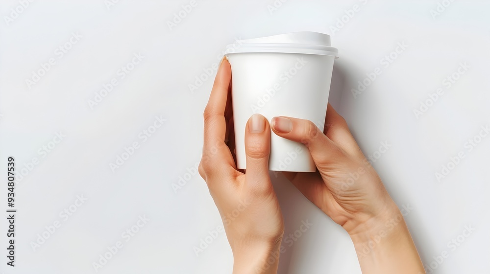 White Blank Coffee Cup Mockup on Woman's Hand Holding Against Isolated White Background White Blank Coffee Cup Mockup on Woman's Hand Holding Against Isolated White Background