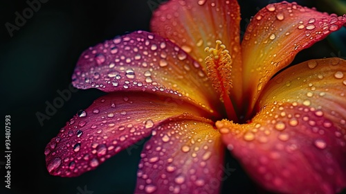 A close-up of a vibrant tropical flower with dew drops glistening on its petals showcasing intricate details and rich colors