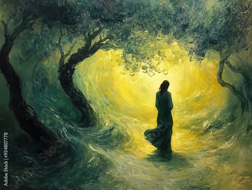 impressionistic oil painting of jesus in gethsemane surrounded by swirling luminous olive trees ethereal light and expressive brushstrokes convey intense emotion and spiritual struggle