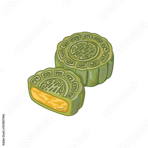 Matcha mooncake with bean paste on plate. Whole and half cut mooncake on white background. Mid Autumn Festival cake, traditional food for celebration. Authentic Asian cuisine vector illustration.  