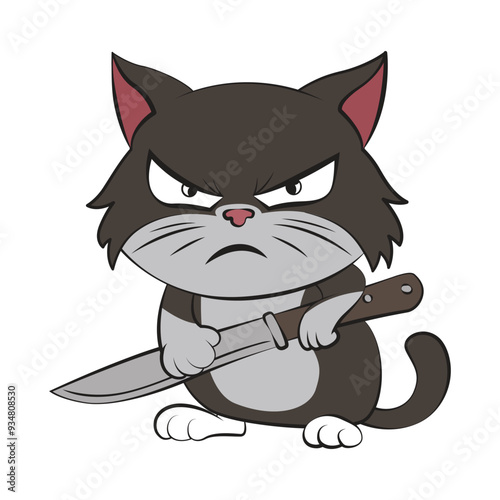 Cute angry kitten cartoon with a knife. Vector illustration for tshirt, website, clip art, poster and custom print on demand merchandise.