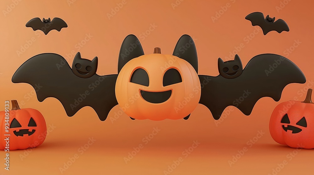 Fototapeta premium Whimsical Halloween scene featuring a smiling pumpkin and playful bats set against a vibrant orange background.