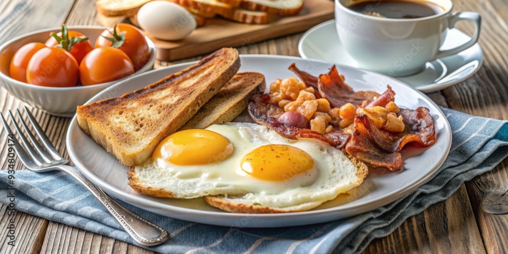 Hearty American breakfast with eggs, bacon, toast, and coffee Hearty American breakfast with eggs, bacon, toast, and coffee