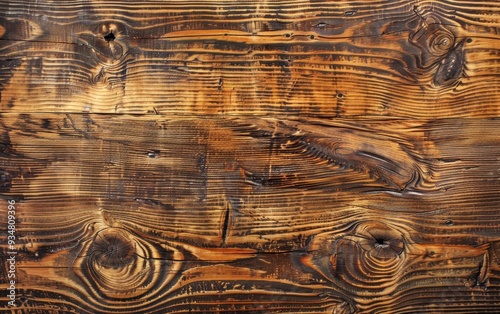 Close-up of Burned and Weathered Wooden Plank with Knots photo