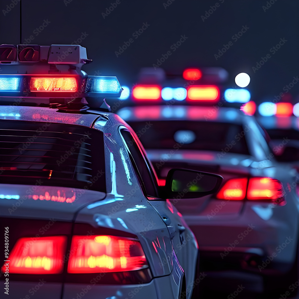 Police Cars Taillights on City Road Law Enforcment Traffic Control Security Guard Criminal Arrest Defense Nighttime Police Cars Taillights on City Road Law Enforcment Traffic Control Security Guard Criminal Arrest Defense Nighttime