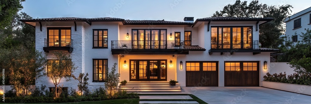 An exterior front view of an modern farmhouse style home in beverly hills, white stone with dark wood accents and large windows, An exterior front view of an modern farmhouse style home in beverly hills, white stone with dark wood accents and large windows,
