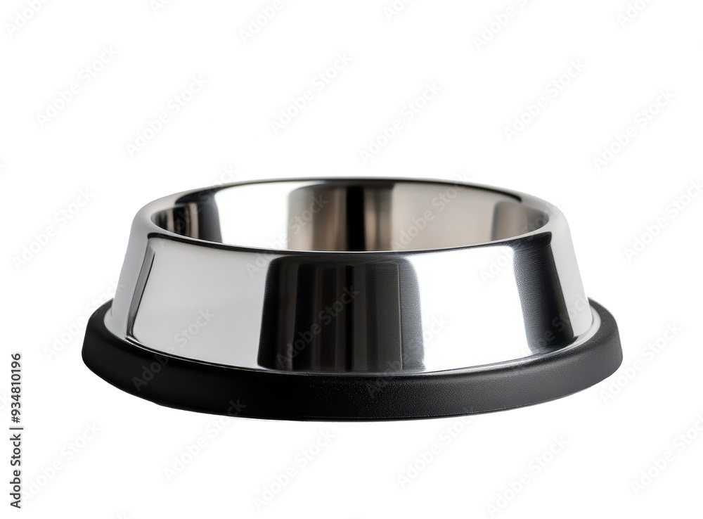 Closeup of shiny silver empty round metal dog cat food or water bowl object isolated on transparent background.