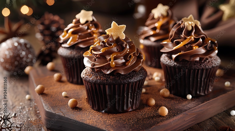 Exquisite chocolate cupcakes topped with decorations and chocolate cream caramel icing Exquisite chocolate cupcakes topped with decorations and chocolate cream caramel icing