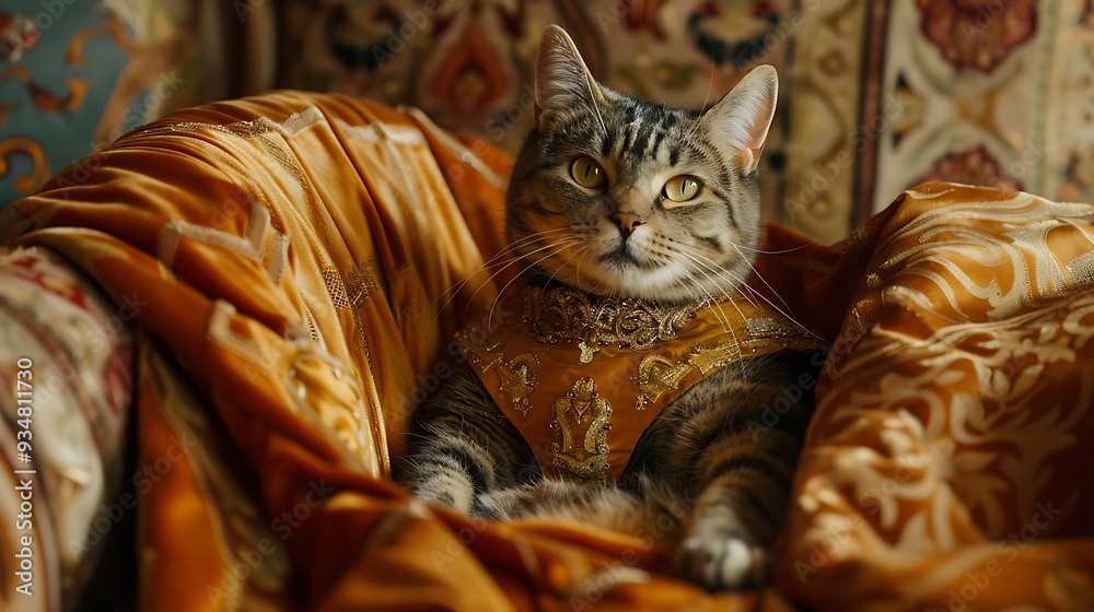 Neat and tidy cat in clothes in a king costume set on a sofa