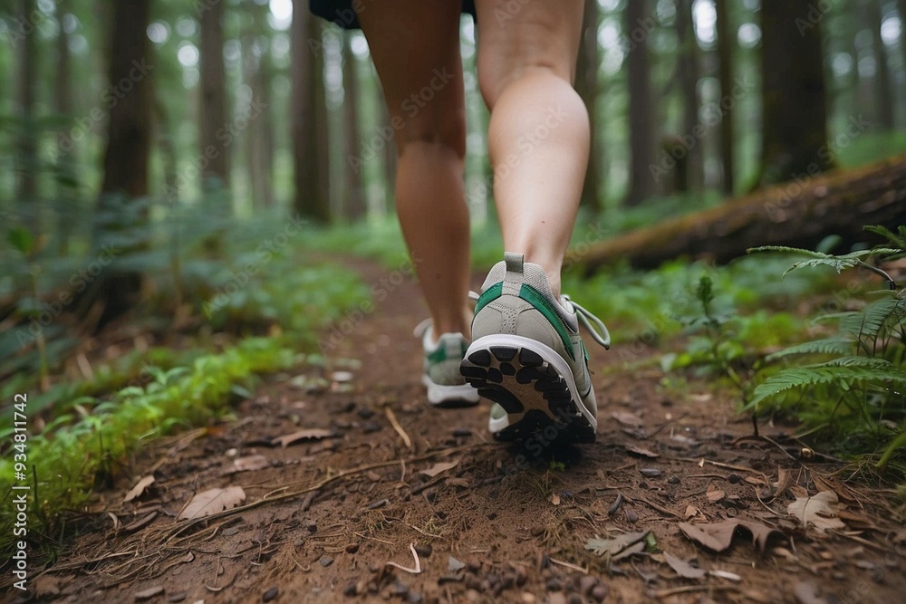 Back view of a young woman walking on the trail in a forest, close-up of a shoes Back view of a young woman walking on the trail in a forest, close-up of a shoes