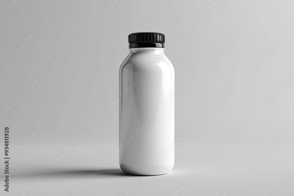 White Plastic Bottle with Black Lid on Gray Background White Plastic Bottle with Black Lid on Gray Background