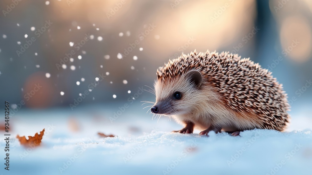 Unusual hedgehog in a snowy setting, with snowflakes gently falling on its spines and the winter landscape adding a rare, fascinating contrast. Unusual hedgehog in a snowy setting, with snowflakes gently falling on its spines and the winter landscape adding a rare, fascinating contrast.