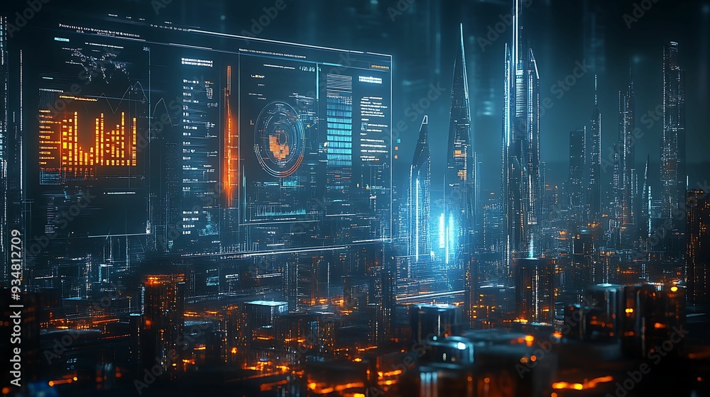 Fototapeta premium Futuristic cityscape with holographic charts displaying economic policy metrics, concept of modern urban economic planning