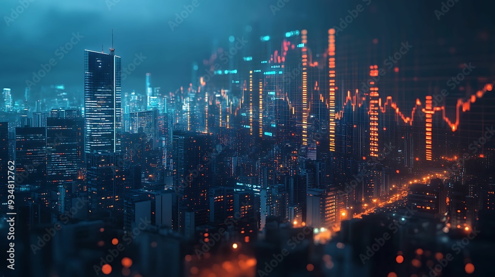 Fototapeta premium Futuristic cityscape with holographic charts displaying economic policy metrics, concept of modern urban economic planning 