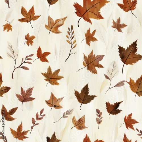 A pattern featuring various autumn leaves in warm tones on a light background.