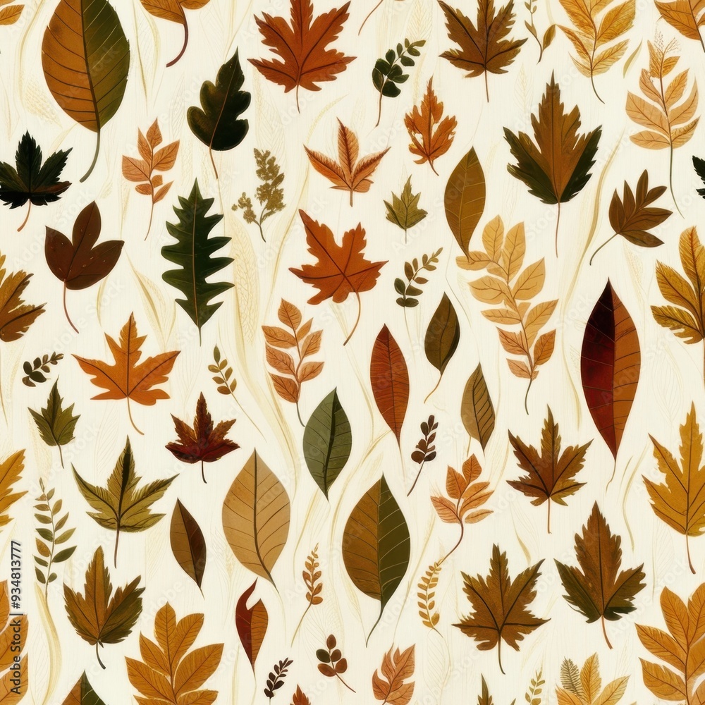 A pattern of various autumn leaves in warm tones on a light background. A pattern of various autumn leaves in warm tones on a light background.
