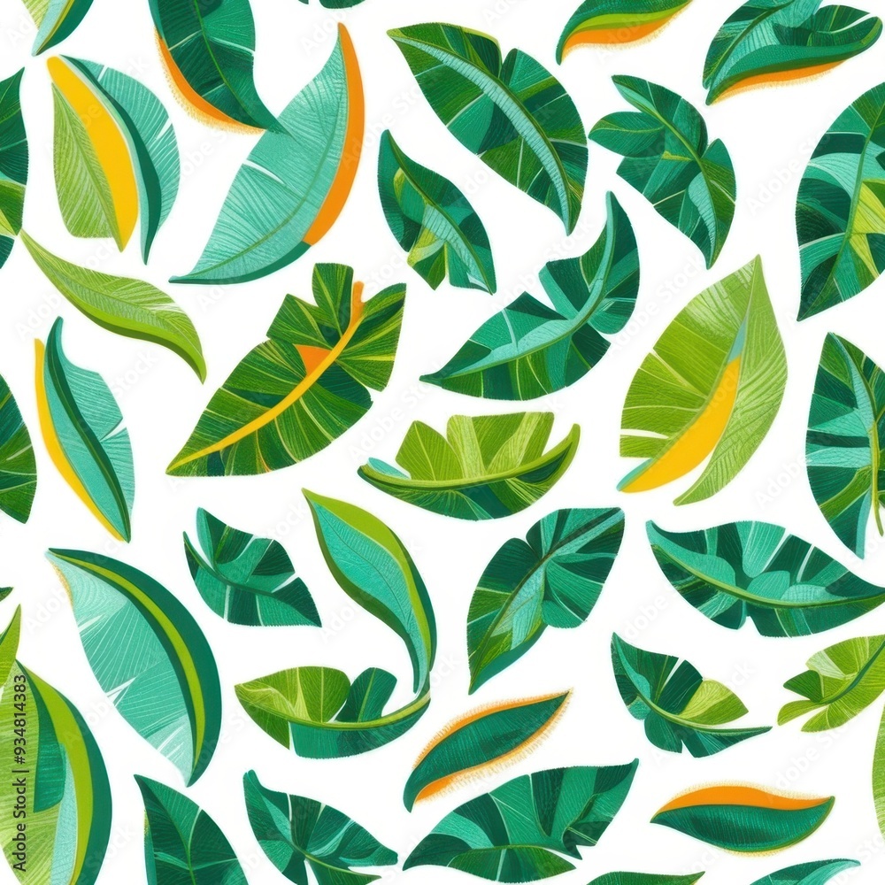 A vibrant pattern of various green leaves on a white background. A vibrant pattern of various green leaves on a white background.