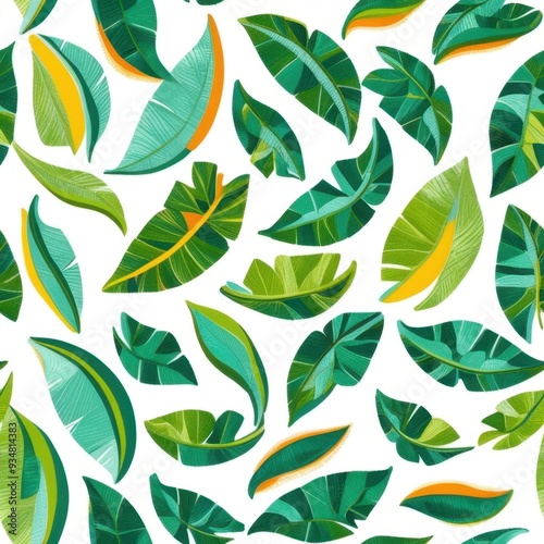 A vibrant pattern of various green leaves on a white background.