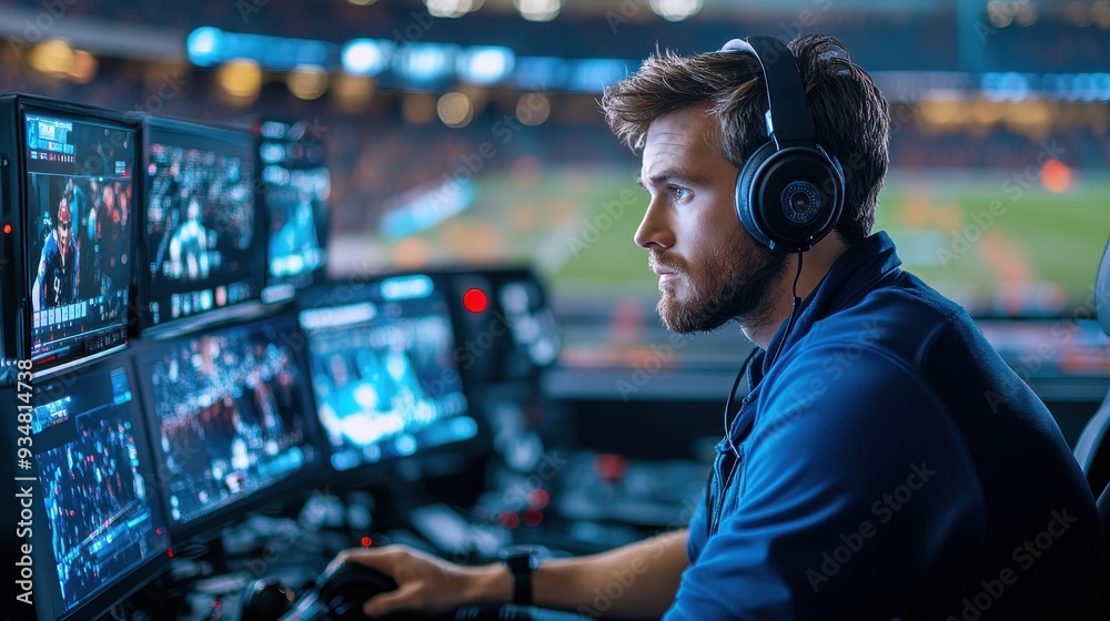 Focused technician with headphones managing multiple screens in a control room, overseeing live sports broadcasting during an event in a stadium. Focused technician with headphones managing multiple screens in a control room, overseeing live sports broadcasting during an event in a stadium.