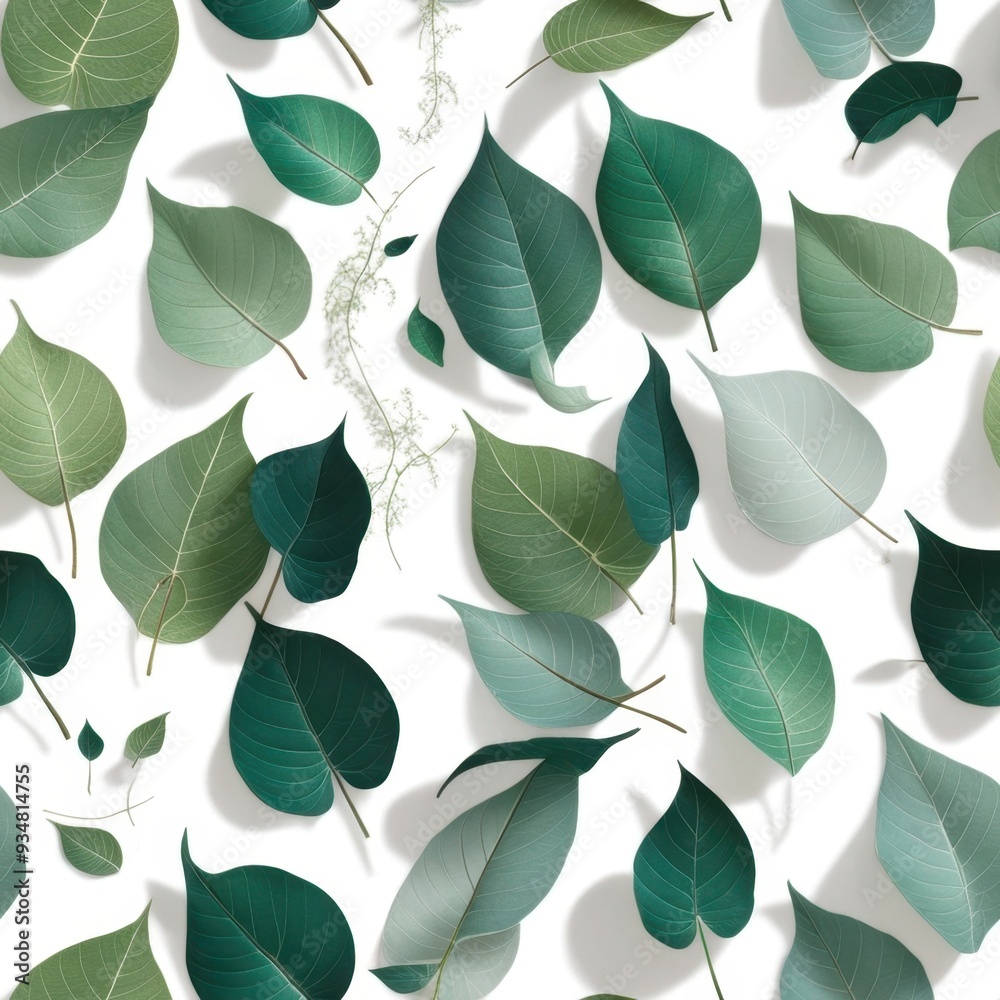 A collection of various green leaves arranged on a white background. A collection of various green leaves arranged on a white background.