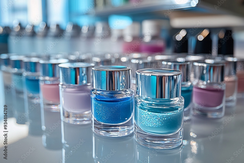 Close-Up of Modern Nail Polish Bottles in a Stylish Salon Close-Up of Modern Nail Polish Bottles in a Stylish Salon