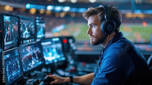 Focused technician with headphones managing multiple screens in a control room, overseeing live sports broadcasting during an event in a stadium.